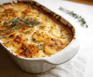 Creamy cheesy scalloped potatoes baked to perfection with a golden crust, topped with melted cheese and herbs.