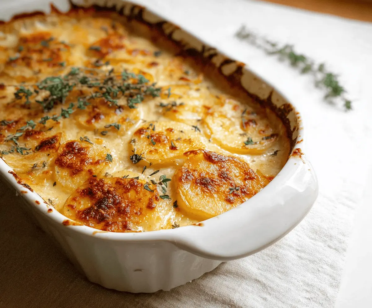 Creamy cheesy scalloped potatoes baked to perfection with a golden crust, topped with melted cheese and herbs.