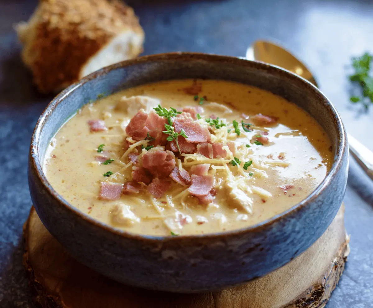 Creamy Chicken Cordon Bleu Soup with tender chicken, ham, Swiss cheese, and crispy breadcrumbs served in a bowl