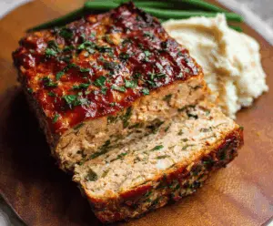 Juicy homemade chicken meatloaf garnished with fresh herbs on a white plate, served with vegetables and a side of mashed potatoes