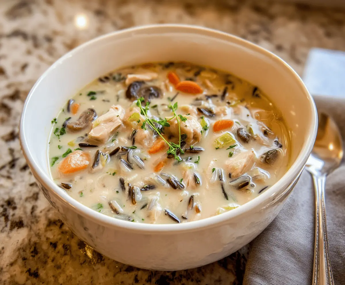 Creamy chicken and wild rice soup topped with fresh herbs in a bowl, perfect for a hearty and comforting meal
