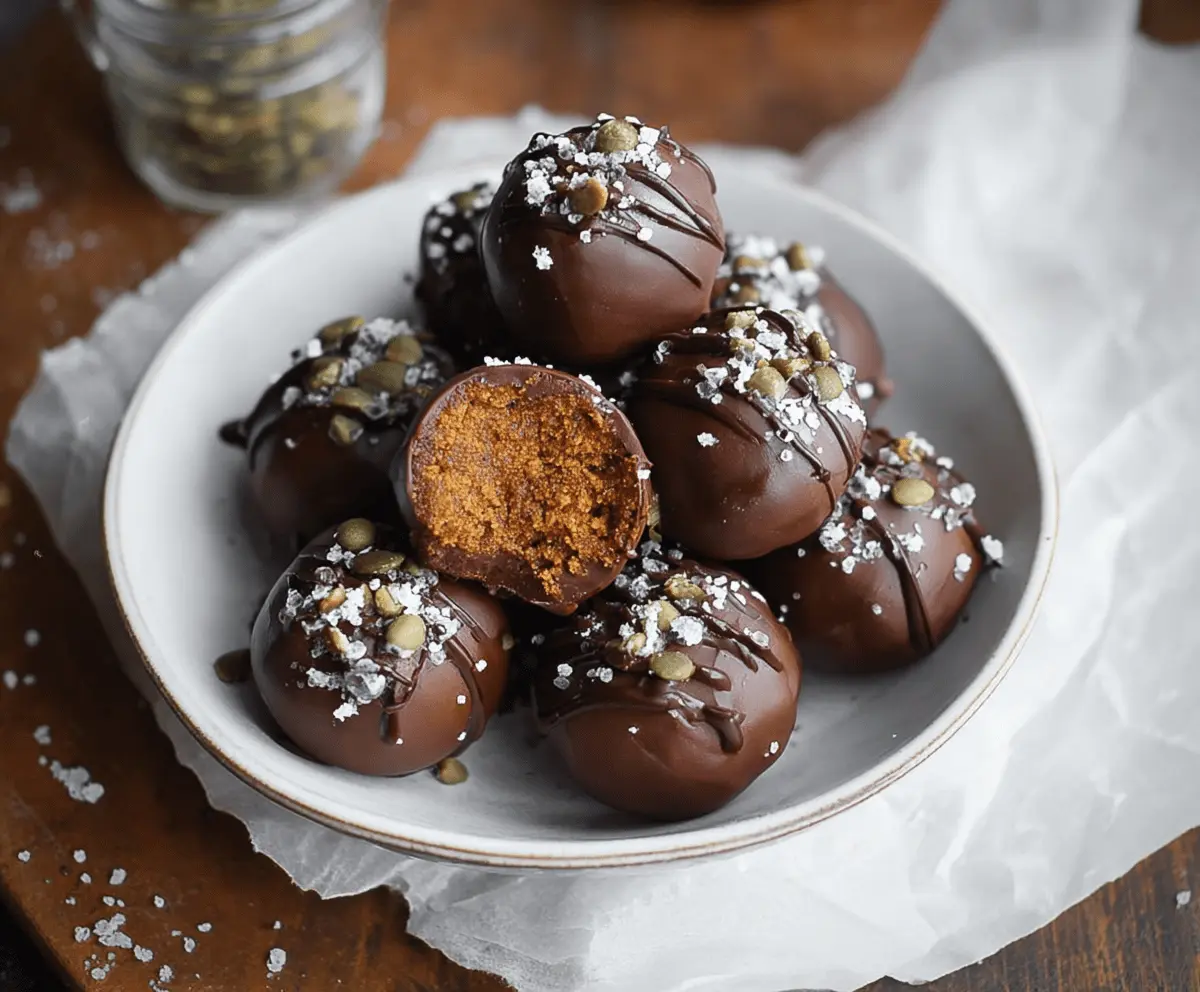Chocolate covered pumpkin protein balls on a plate, healthy energy bites with pumpkin, chocolate coating, and nut toppings, perfect for snacks or post-workout recovery