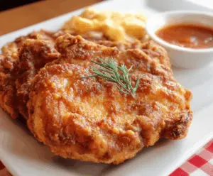 Golden, crispy country fried pork chops served on a plate with mashed potatoes and vegetables, perfect for a hearty Southern meal.