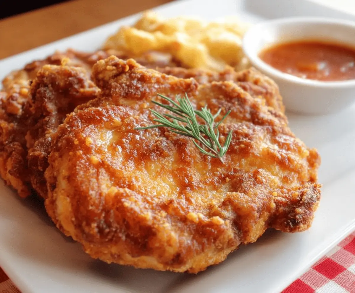 Golden, crispy country fried pork chops served on a plate with mashed potatoes and vegetables, perfect for a hearty Southern meal.