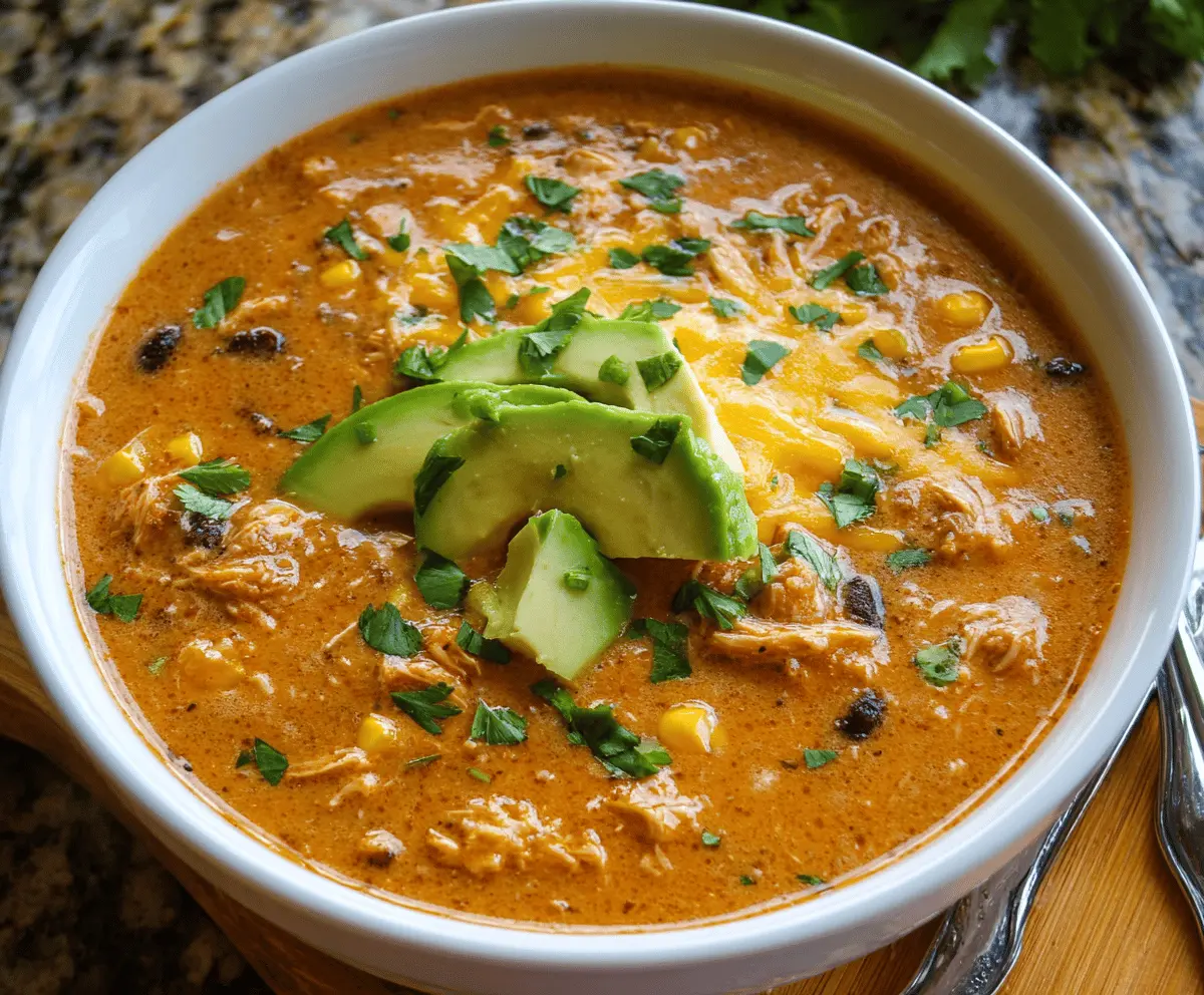 Creamy enchilada soup in a bowl topped with shredded cheese, fresh cilantro, and sliced jalapeños, served with tortilla chips on the side.