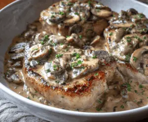 Creamy mushroom pork chops served on a plate with fresh herbs, showcasing a delicious, tender pork chop topped with a rich mushroom sauce.