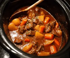 Hearty Crockpot Beef Stew with tender beef chunks, carrots, potatoes, and herbs in a flavorful broth ready to serve