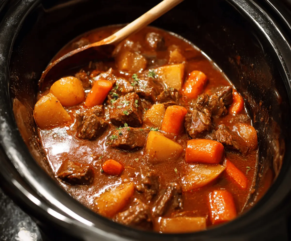 Hearty Crockpot Beef Stew with tender beef chunks, carrots, potatoes, and herbs in a flavorful broth ready to serve