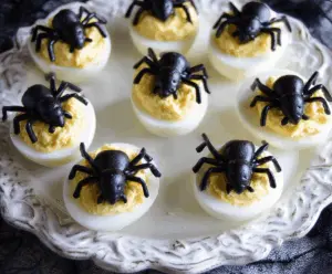Delicious deviled egg spiders with black olive eyes and paprika accents, perfect for Halloween party appetizers.