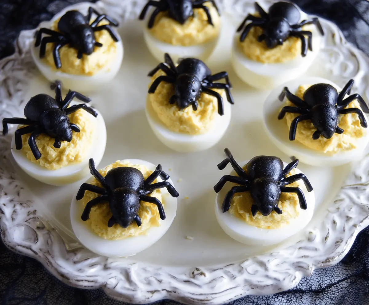 Delicious deviled egg spiders with black olive eyes and paprika accents, perfect for Halloween party appetizers.