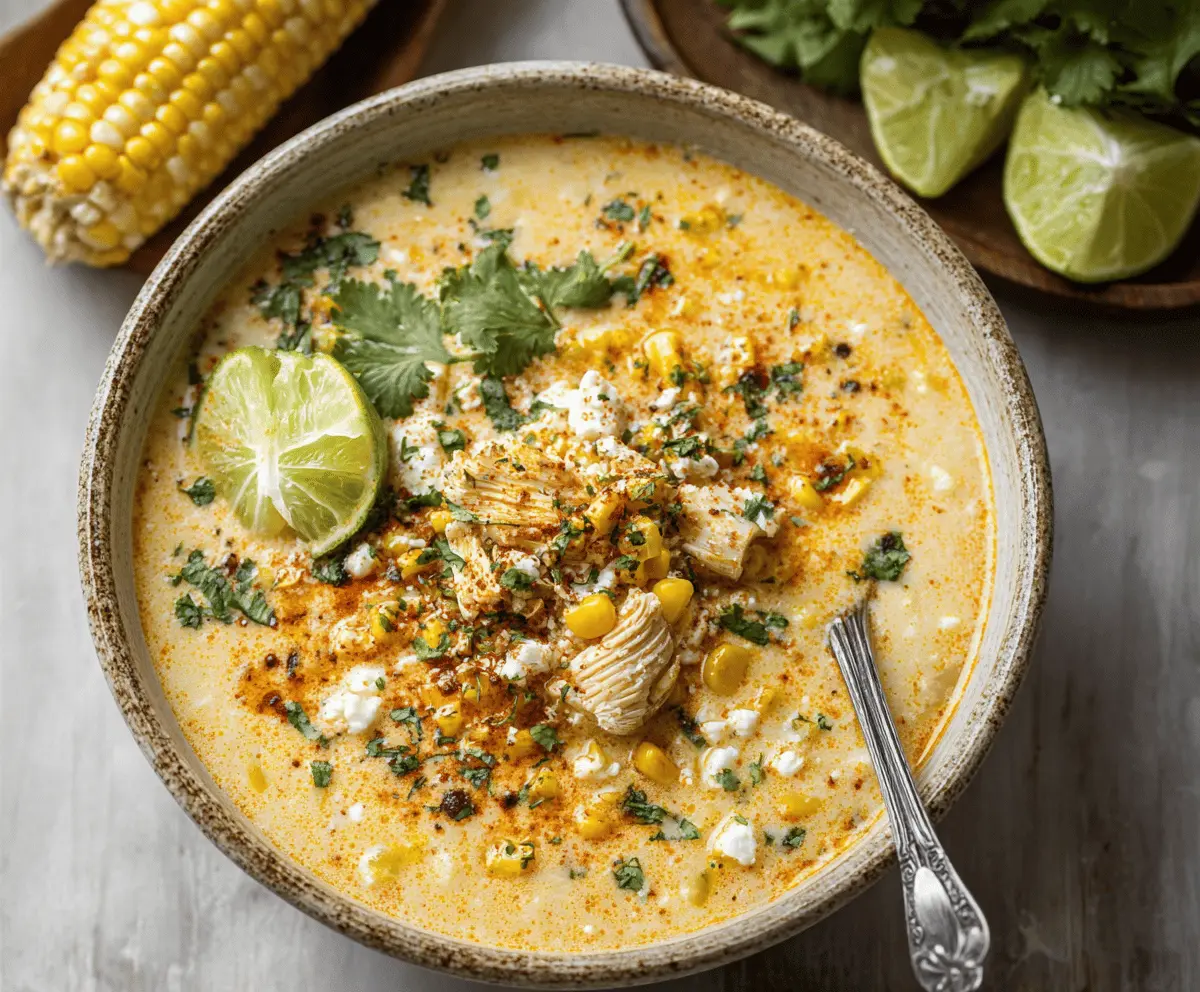 Creamy Elote Corn Soup topped with crumbled cheese and fresh cilantro, served in a bowl with a spoon, showcasing vibrant yellow corn and garnishes.
