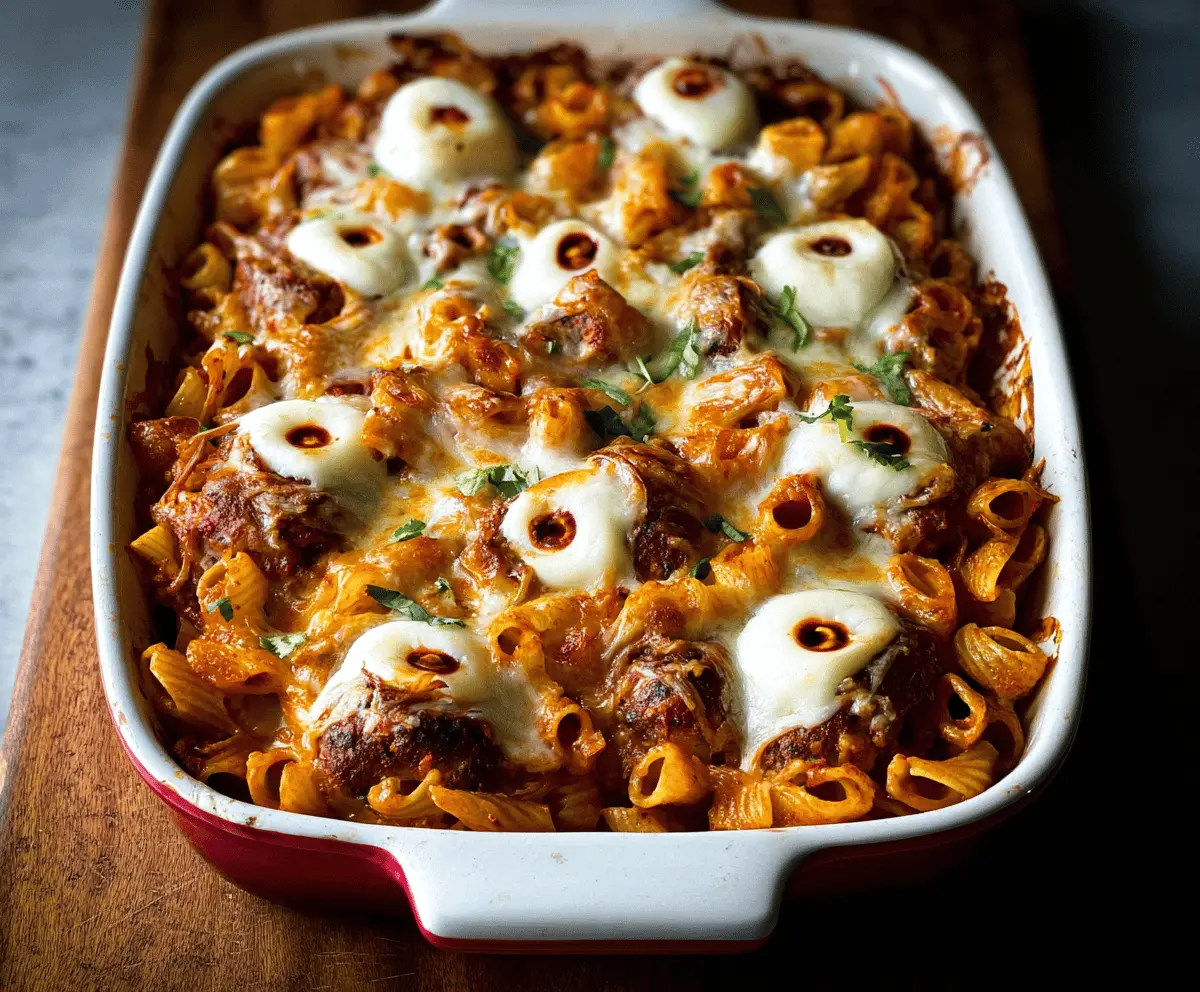 A spooky eyeball pasta bake featuring spiral pasta topped with meatballs resembling eyeballs, garnished with marinara sauce and fresh herbs for a creepy Halloween-themed dish.