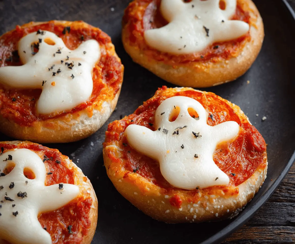 Ghost-shaped pizza bagels topped with melted cheese and pepperoni, perfect for Halloween-themed snacks.