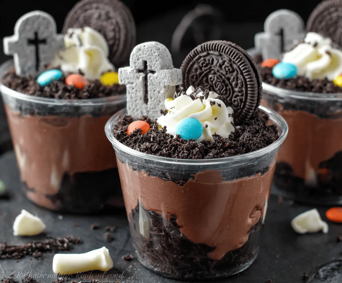 Delicious Graveyard Chocolate Pudding Cups topped with spooky edible decorations for a Halloween treat