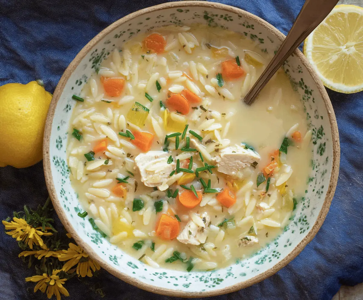 Creamy Greek Lemon Orzo Chicken Soup in a bowl with fresh herbs and lemon wedges, perfect for a comforting, flavorful meal