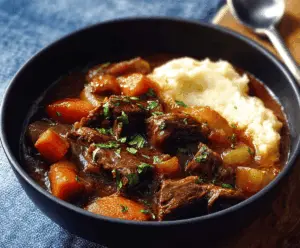 Hearty Guinness Beef Stew in a rustic bowl with tender beef chunks, carrots, potatoes, and fresh herbs, served hot.