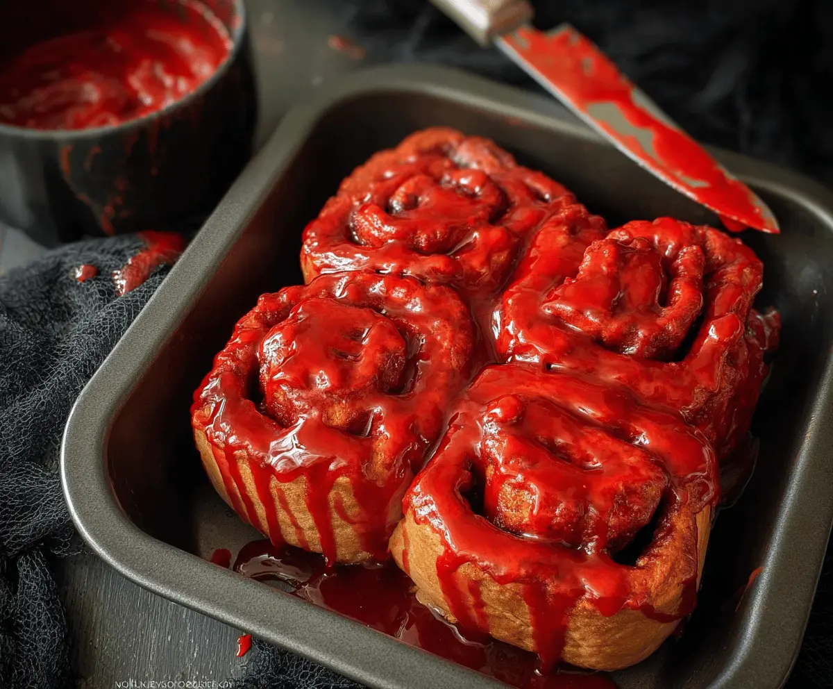 Spooky Halloween bloody cinnamon rolls decorated with red icing and monster-like toppings for a creepy festive treat
