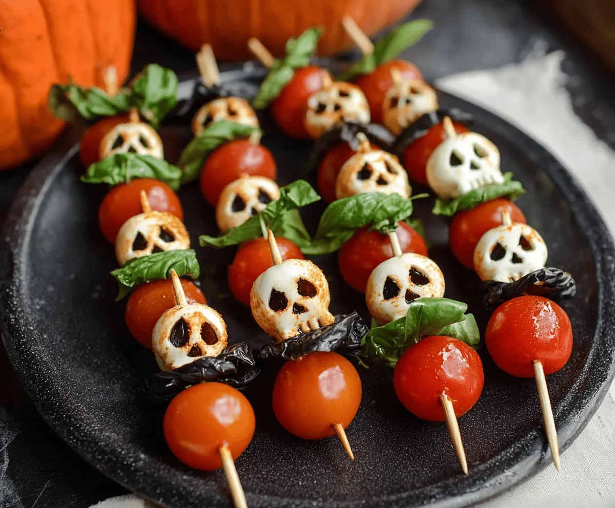 Colorful Halloween Caprese Skewers with cherry tomatoes, fresh mozzarella, basil, and spooky decorations for festive appetizer ideas