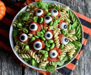 Colorful Halloween Eyeball Pasta Salad with spooky olives and vibrant vegetables, perfect for a festive spooky dinner or Halloween party platter.