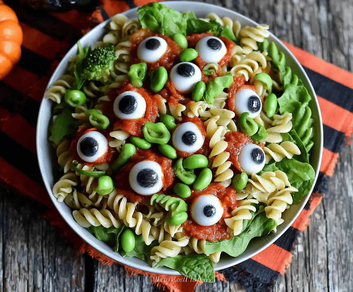Colorful Halloween Eyeball Pasta Salad with spooky olives and vibrant vegetables, perfect for a festive spooky dinner or Halloween party platter.