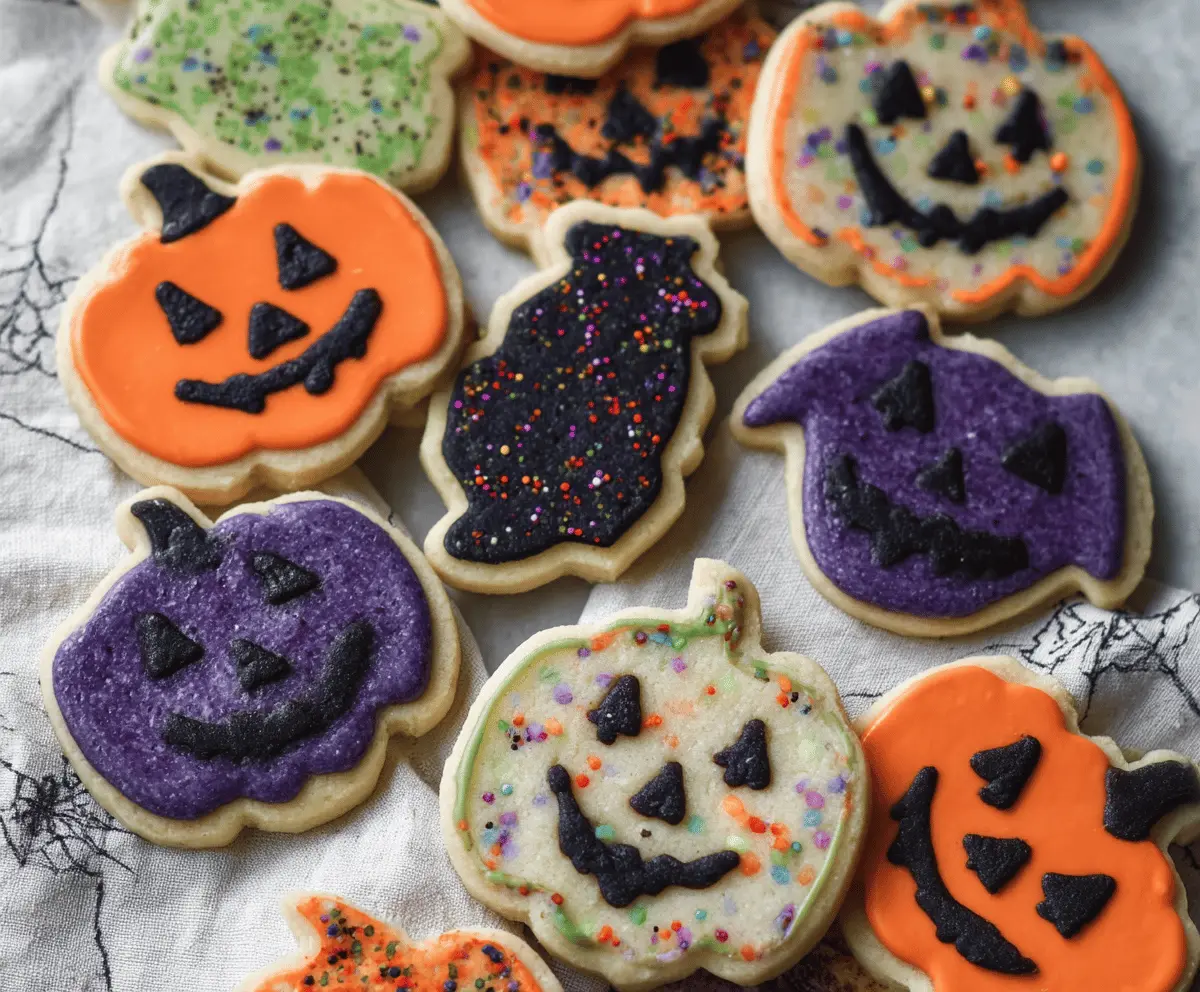Delicious Halloween-themed shortbread cookies decorated with colorful icing and spooky designs for a festive treat.