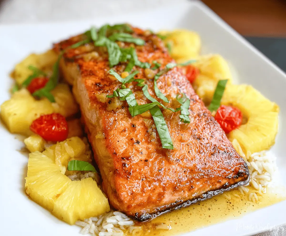 Delicious Honey Pineapple Salmon fillet garnished with fresh herbs and pineapple slices on a white plate, perfect for a flavorful and healthy meal.