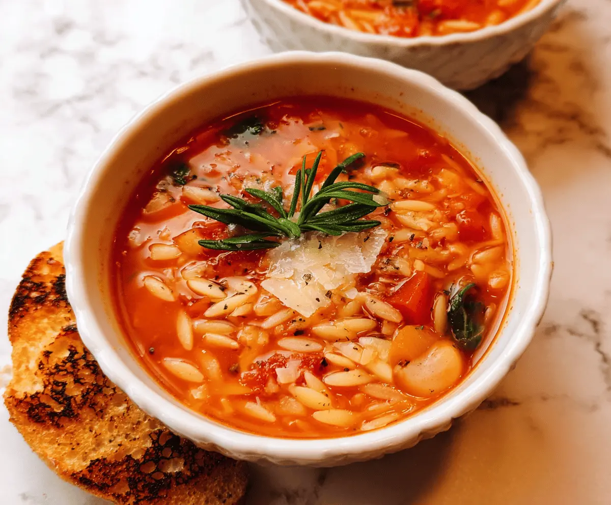 A bowl of hearty Italian Orzo Soup with vegetables, herbs, and melted cheese, served with fresh bread on the side.