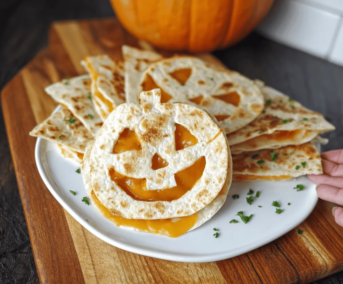 Spooky Jack o' Lantern quesadillas with melted cheese and carved pumpkin design, perfect for Halloween parties