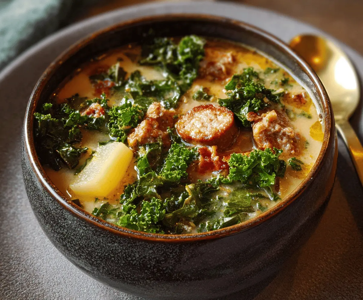 A hearty bowl of kale and sausage soup with chopped kale, sausage slices, and vegetables in a savory broth, served in a white ceramic bowl.