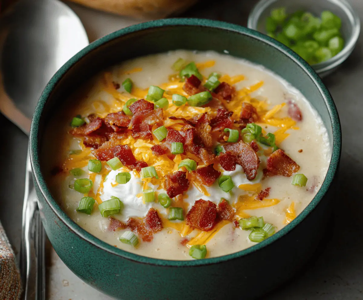 Creamy loaded baked potato soup topped with shredded cheese, crispy bacon, green onions, and sour cream in a rustic bowl.