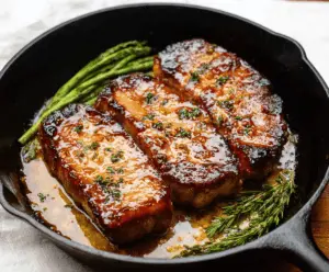 Juicy pork chops glazed with sweet maple syrup and garnished with fresh herbs, served on a plate for a delicious Maple Glazed Pork Chops recipe.