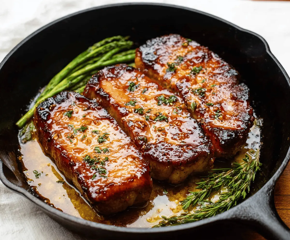 Juicy pork chops glazed with sweet maple syrup and garnished with fresh herbs, served on a plate for a delicious Maple Glazed Pork Chops recipe.