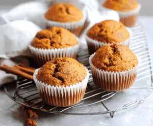 Freshly baked Maple Spice Pumpkin Muffins topped with cinnamon and pecans on a rustic plate, perfect for fall breakfast or snack.