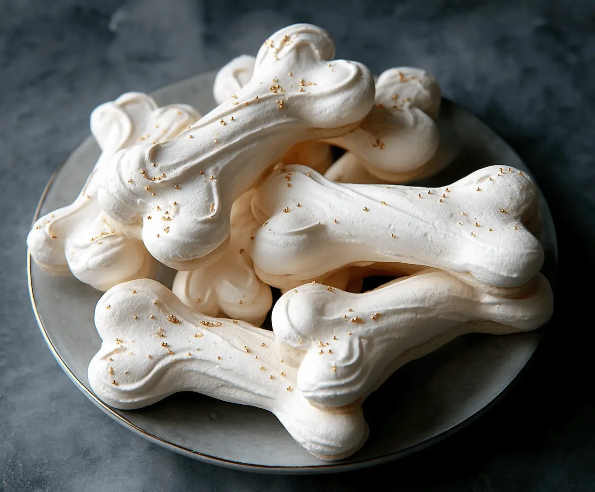 Decorative Meringue Bone Cookies, spooky Halloween treats with crisp, white bone-shaped meringues on a festive platter