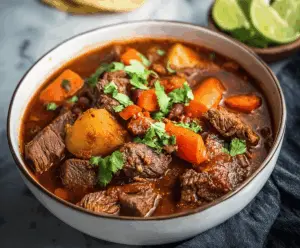 Hearty Mexican beef stew with tender beef chunks, colorful vegetables, and savory spices served in a rustic bowl