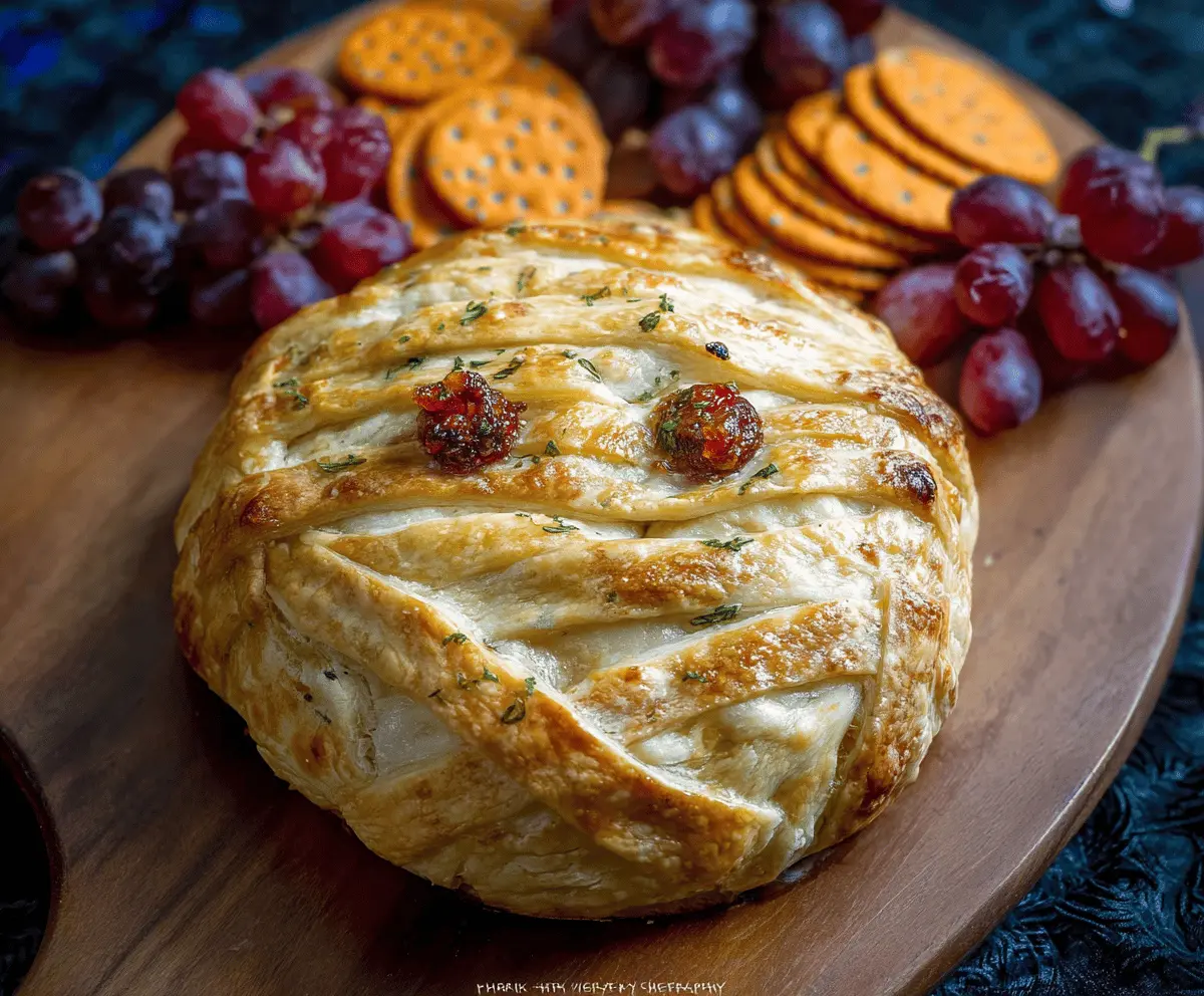 Delicious Mummy Baked Brie topped with spooky puff pastry bandages for a Halloween appetizer display.
