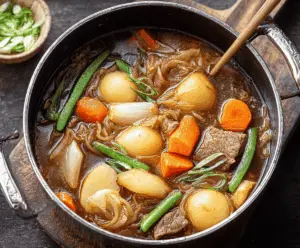 Delicious One Pot Japanese Nikujaga with tender beef, potatoes, carrots, and onions served in a savory broth