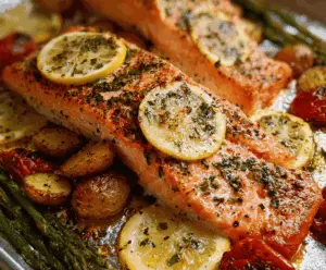Delicious oven-roasted salmon fillet garnished with fresh herbs on a baking sheet ready to serve