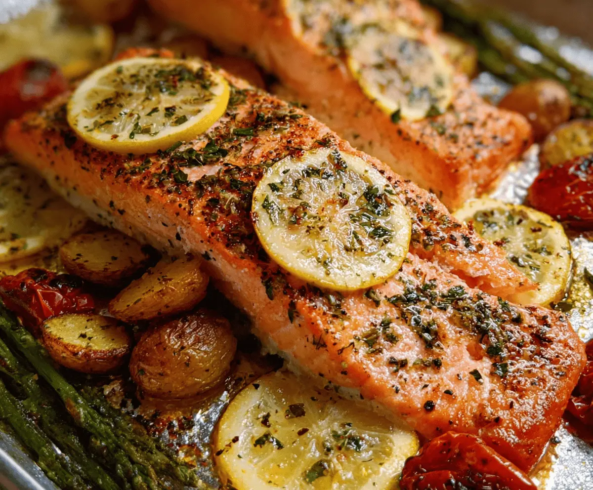 Delicious oven-roasted salmon fillet garnished with fresh herbs on a baking sheet ready to serve
