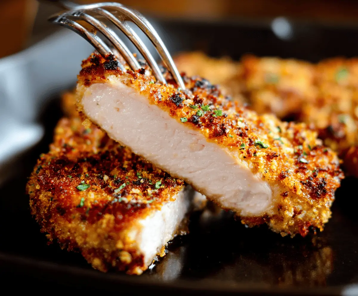 Juicy panko crusted pork chops cooked to perfection on a plate, served with fresh herbs and lemon wedges for a delicious meal.