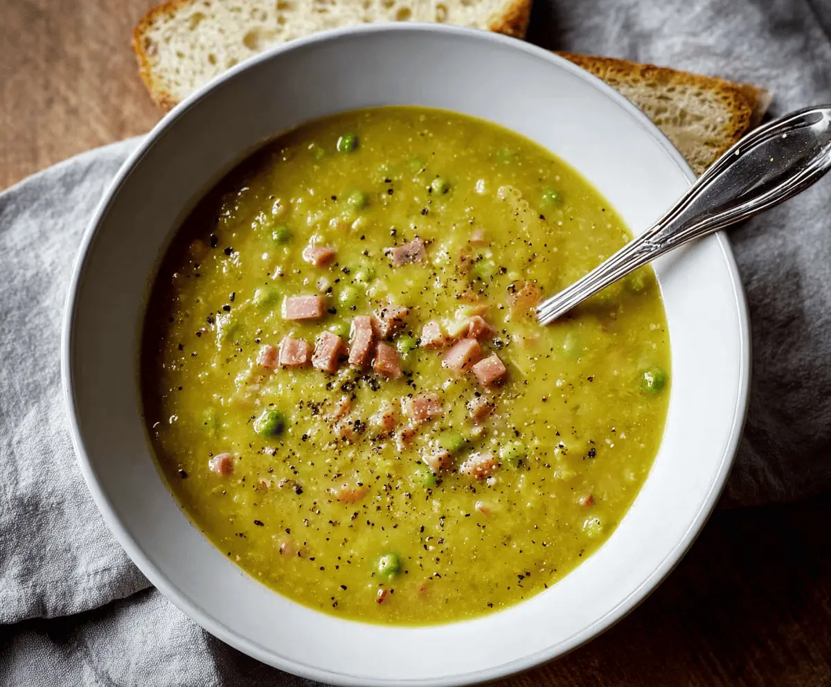 Creamy pea and ham soup garnished with fresh herbs in a rustic bowl, perfect for a hearty, comforting meal.
