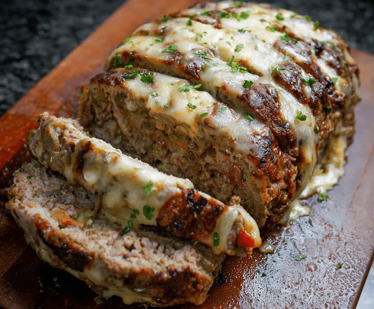 Delicious Philly Cheesesteak Meatloaf topped with melted cheese and sautéed peppers, served on a plate with fresh herbs