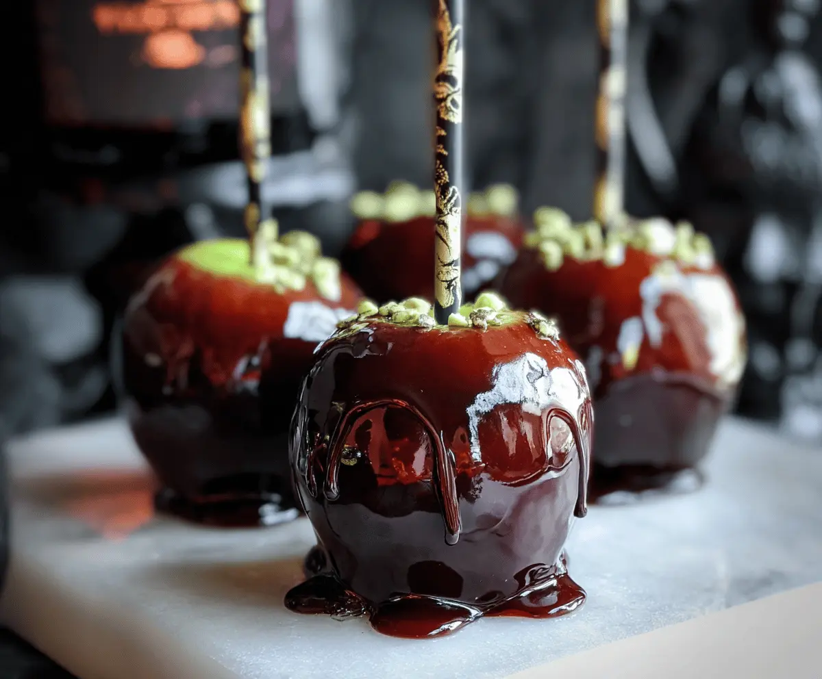 Delicious Poison Apple Caramel Apples coated with vibrant green candy, topped with colorful sprinkles and drizzled with dark chocolate, perfect for Halloween treats