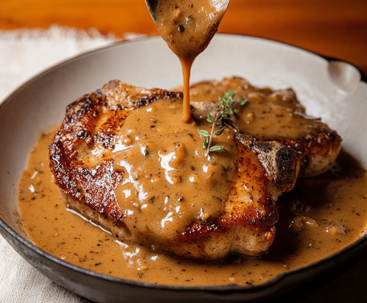 Delicious pork chop topped with rich, creamy gravy served on a plate with mashed potatoes and green beans