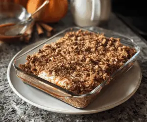 Delicious Pumpkin Autumn Crunch Delight dessert topped with whipped cream and crunchy pecans, perfect for fall celebrations