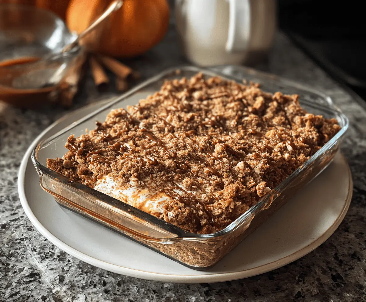 Delicious Pumpkin Autumn Crunch Delight dessert topped with whipped cream and crunchy pecans, perfect for fall celebrations