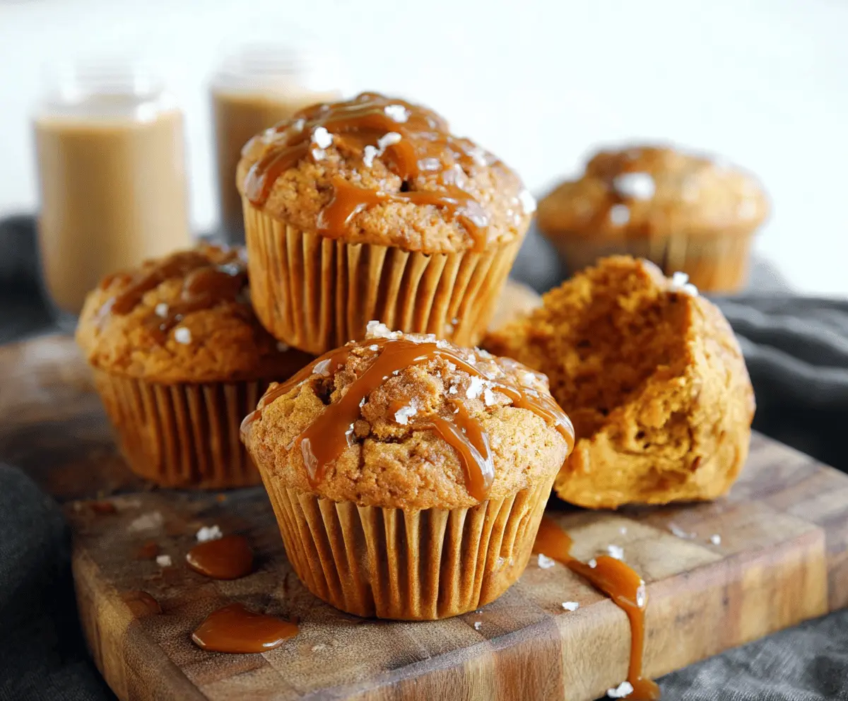Delicious homemade pumpkin caramel muffins topped with caramel drizzle and cinnamon, perfect for fall baking.