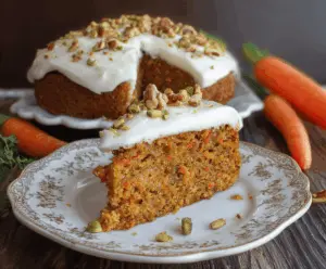 Delicious homemade pumpkin carrot cake topped with cream cheese frosting and sprinkled with chopped nuts, perfect for fall desserts