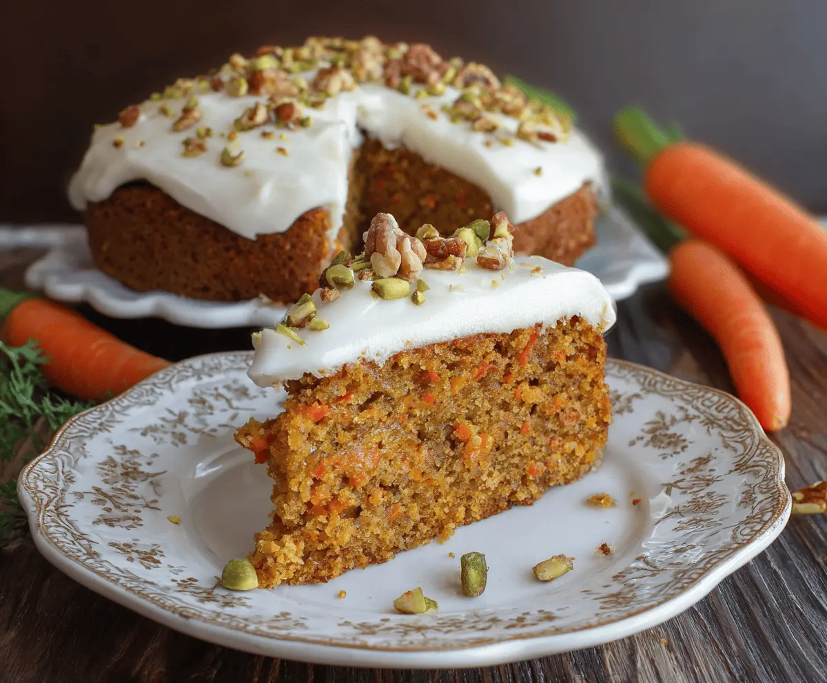Delicious homemade pumpkin carrot cake topped with cream cheese frosting and sprinkled with chopped nuts, perfect for fall desserts