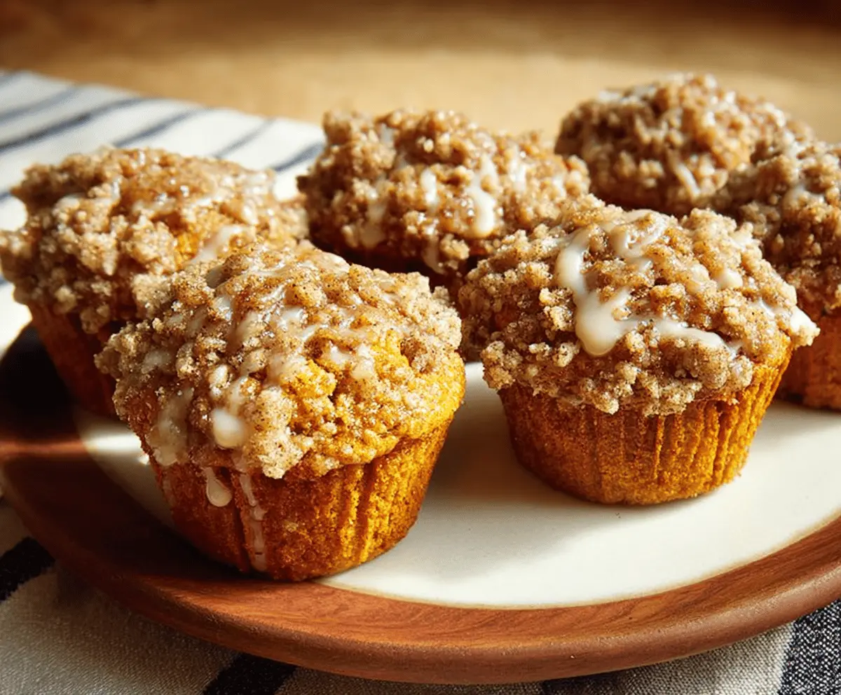 Delicious pumpkin coffee cake muffins topped with cinnamon streusel, perfect for fall breakfast or snack.